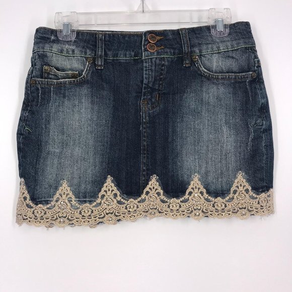 JIXI DENIM SKIRT WITH GOLD SEQUIN LACE - Picture 2 of 6